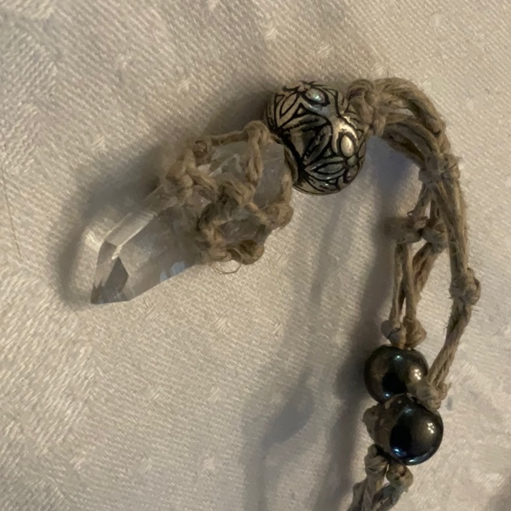 Macrame beaded quarts necklace. 16” end to end